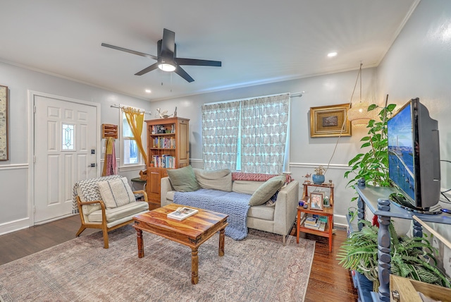 1188 Camden St, North Charleston, SC 29405 - living room with baseboards, ornamental molding, ceiling fan, recessed lighting, and wood finished floors