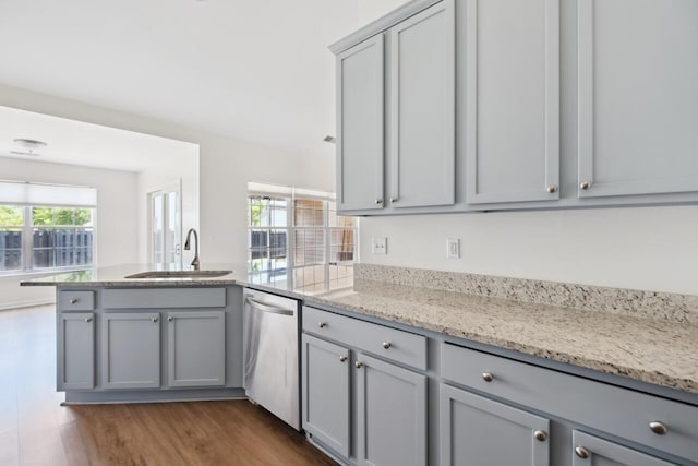 kitchen featuring stainless steel dishwasher, a sink, gray cabinets, a peninsula, and healthy amount of natural light