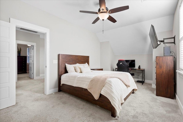 carpeted bedroom with lofted ceiling and ceiling fan