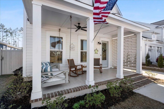 view of patio / terrace featuring ceiling fan and a porch