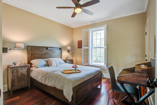 bedroom with a ceiling fan, baseboards, ornamental molding, and wood finished floors