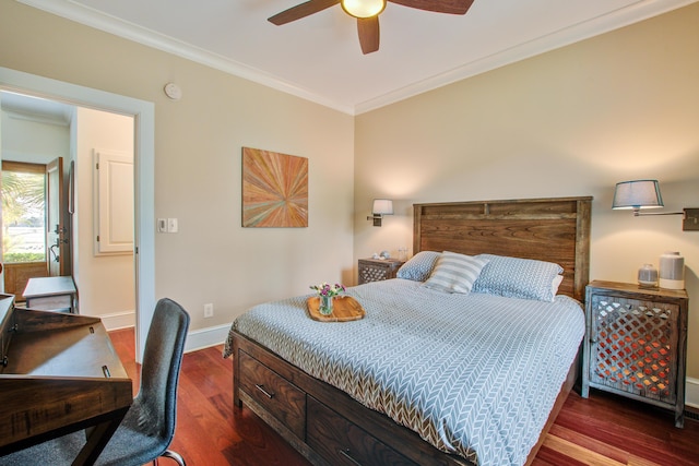 bedroom featuring ceiling fan, crown molding, baseboards, and wood finished floors