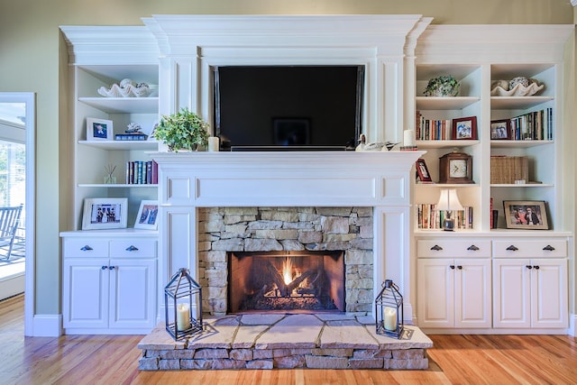 details featuring a stone fireplace and wood finished floors