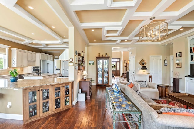 2636 Anchor Watch Dr, Wadmalaw Island, SC 29487 - living area featuring french doors, coffered ceiling, beam ceiling, dark wood-style flooring, and a chandelier