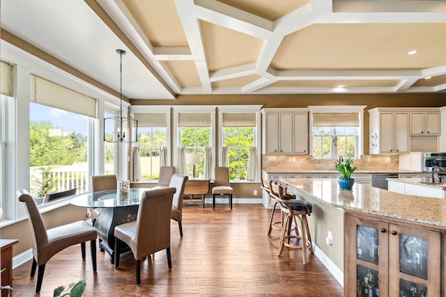 2636 Anchor Watch Dr, Wadmalaw Island, SC 29487 - dining area featuring beam ceiling, recessed lighting, dark wood-style floors, coffered ceiling, and baseboards