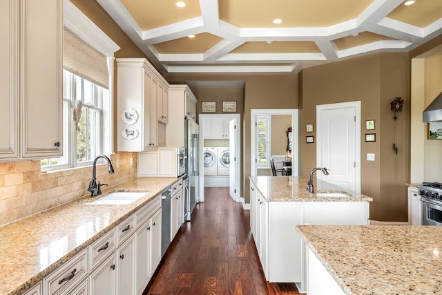 2636 Anchor Watch Dr, Wadmalaw Island, SC 29487 - kitchen with separate washer and dryer, coffered ceiling, appliances with stainless steel finishes, and a sink