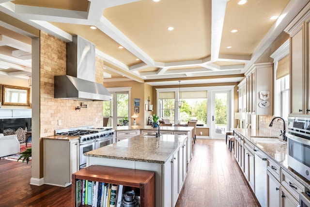 2636 Anchor Watch Dr, Wadmalaw Island, SC 29487 - kitchen featuring a sink, appliances with stainless steel finishes, wall chimney exhaust hood, and coffered ceiling