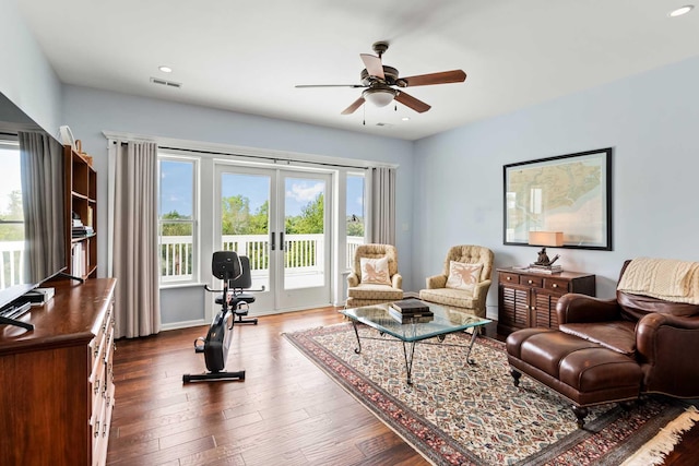 2636 Anchor Watch Dr, Wadmalaw Island, SC 29487 - living area with french doors, recessed lighting, visible vents, ceiling fan, and dark wood-type flooring