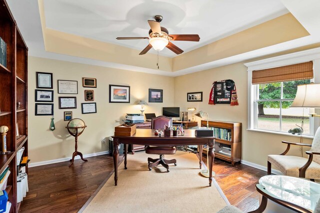2636 Anchor Watch Dr, Wadmalaw Island, SC 29487 - office space with a raised ceiling, hardwood / wood-style floors, a ceiling fan, and baseboards