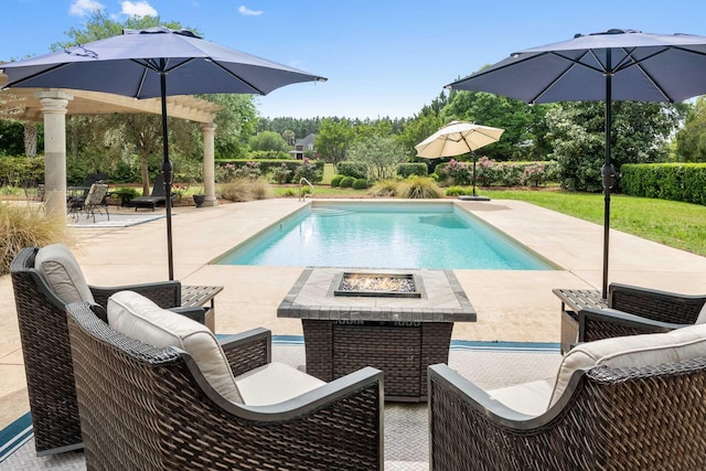 2636 Anchor Watch Dr, Wadmalaw Island, SC 29487 - outdoor pool with an outdoor living space with a fire pit and a patio