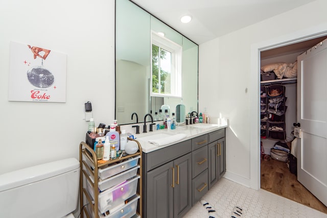 bathroom featuring toilet, hardwood / wood-style floors, and vanity