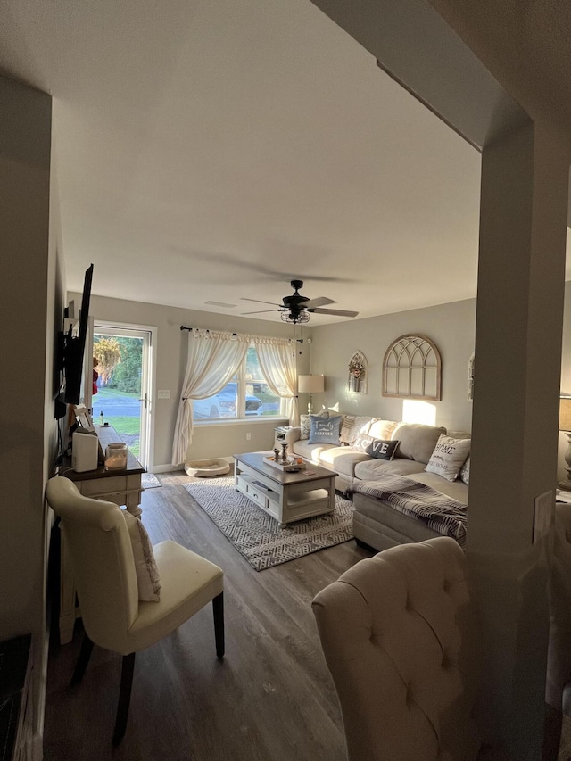 living area featuring wood finished floors and a ceiling fan