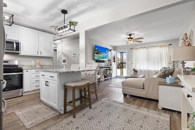 kitchen featuring white cabinets, appliances with stainless steel finishes, open floor plan, light stone counters, and pendant lighting