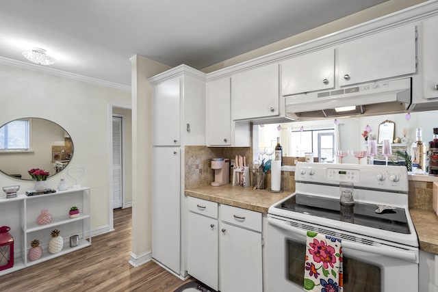 kitchen featuring electric range, ornamental molding, under cabinet range hood, white cabinetry, and backsplash