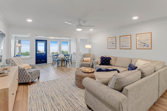 4 Beach Club Villas, Isle Of Palms, SC 29451 - living room with ceiling fan, light wood-style floors, recessed lighting, and crown molding
