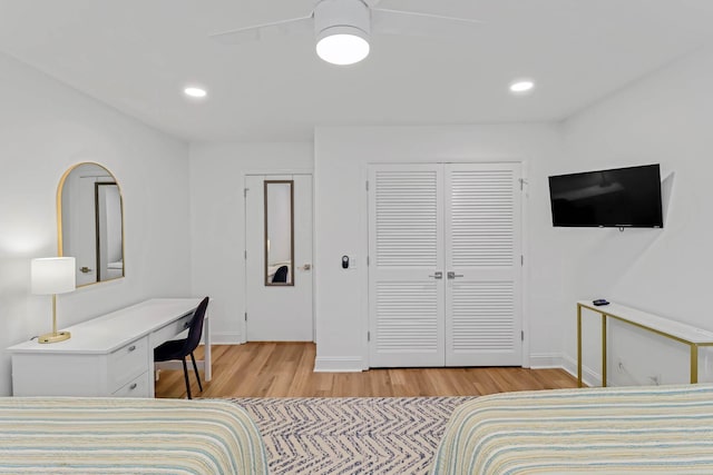 4 Beach Club Villas, Isle Of Palms, SC 29451 - bedroom featuring light wood-type flooring, baseboards, a closet, an office area, and a ceiling fan