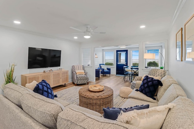 4 Beach Club Villas, Isle Of Palms, SC 29451 - living area featuring wood finished floors, crown molding, ceiling fan, recessed lighting, and baseboards