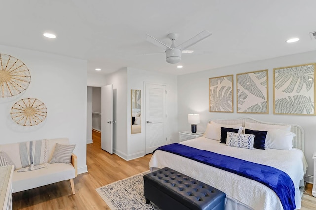 4 Beach Club Villas, Isle Of Palms, SC 29451 - bedroom featuring light wood finished floors, recessed lighting, a ceiling fan, baseboards, and a closet