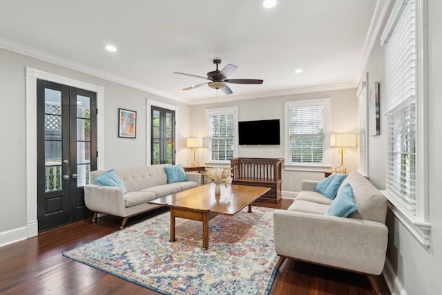 living room with dark wood-type flooring, ceiling fan, and french doors