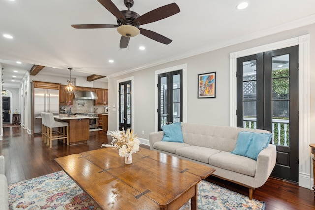 living room with a healthy amount of sunlight, ceiling fan, french doors, and dark wood-type flooring