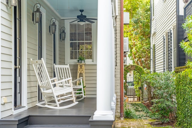 view of patio / terrace with covered porch and ceiling fan