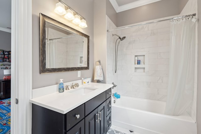 bathroom featuring ornamental molding, vanity, and shower / bath combination with curtain