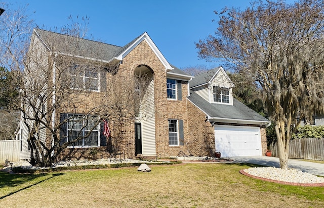 view of front facade with a garage, brick siding, concrete driveway, fence, and a front yard