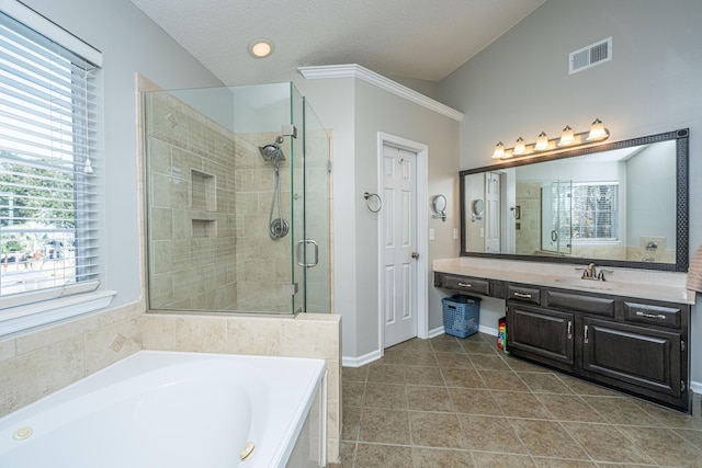 bathroom with a wealth of natural light, visible vents, a garden tub, and vanity