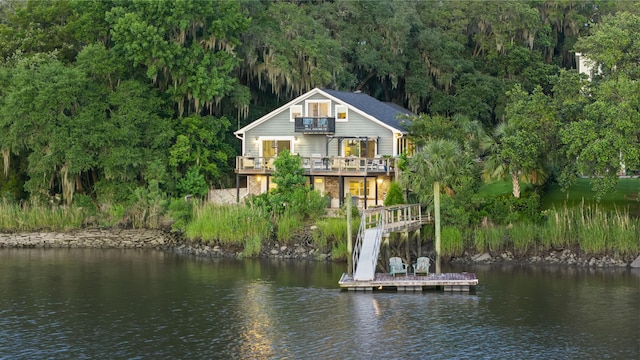4940 Lambs Rd, North Charleston, SC 29418 - dock area with stairs, a wooded view, and a deck with water view