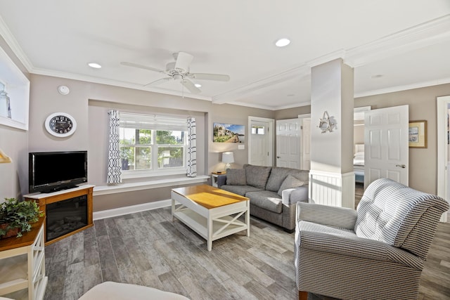 4940 Lambs Rd, North Charleston, SC 29418 - living area featuring wood finished floors, a ceiling fan, crown molding, and recessed lighting