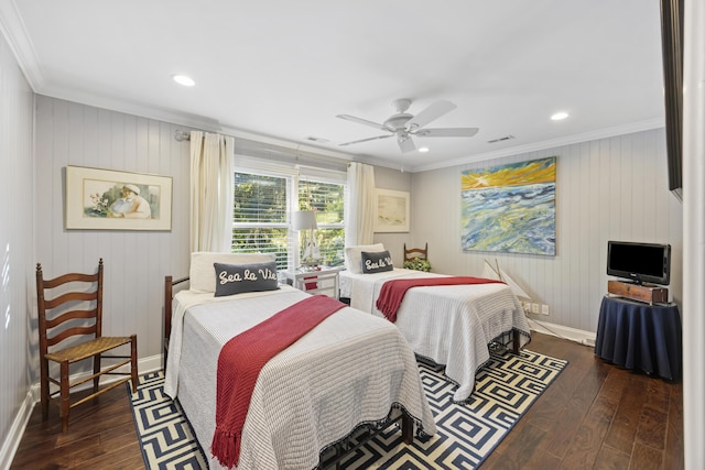 4940 Lambs Rd, North Charleston, SC 29418 - bedroom featuring crown molding, dark wood-type flooring, recessed lighting, wood walls, and ceiling fan