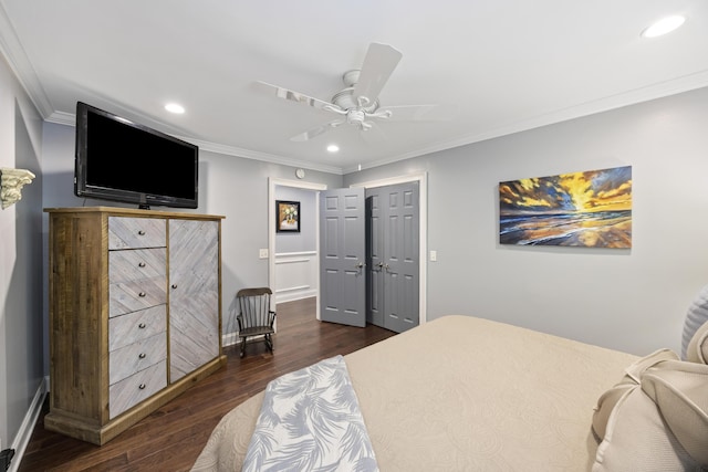 4940 Lambs Rd, North Charleston, SC 29418 - bedroom featuring dark wood finished floors, recessed lighting, crown molding, a closet, and ceiling fan