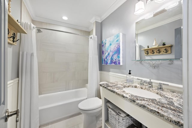 4940 Lambs Rd, North Charleston, SC 29418 - bathroom with shower / bath combo, vanity, crown molding, and wainscoting