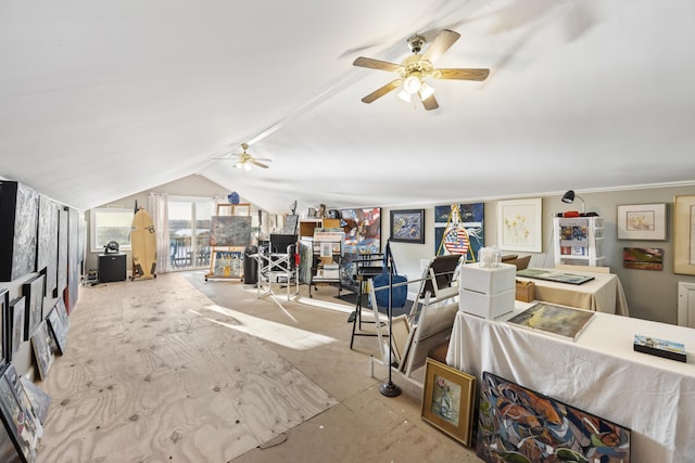 4940 Lambs Rd, North Charleston, SC 29418 - living area with a ceiling fan and lofted ceiling