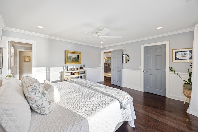 4940 Lambs Rd, North Charleston, SC 29418 - bedroom with dark wood-style flooring, a wainscoted wall, recessed lighting, crown molding, and ceiling fan