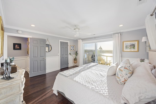 4940 Lambs Rd, North Charleston, SC 29418 - bedroom with dark wood-style flooring, wainscoting, recessed lighting, ceiling fan, and access to outside