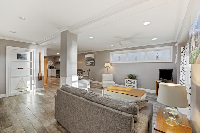 4940 Lambs Rd, North Charleston, SC 29418 - living room featuring crown molding, recessed lighting, wood finished floors, a ceiling fan, and plenty of natural light