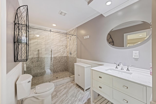 4940 Lambs Rd, North Charleston, SC 29418 - full bath featuring a shower stall, crown molding, a wainscoted wall, vanity, and recessed lighting
