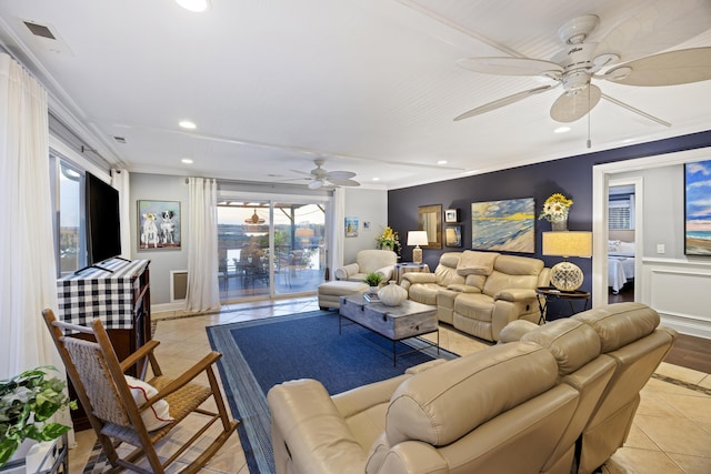4940 Lambs Rd, North Charleston, SC 29418 - living room featuring a ceiling fan, light tile patterned flooring, recessed lighting, and ornamental molding