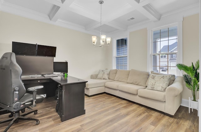 office with coffered ceiling, beam ceiling, a chandelier, and light wood-type flooring