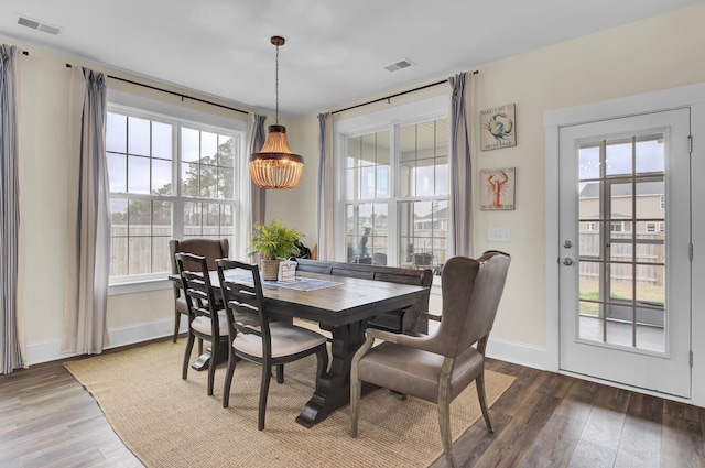 dining room featuring a healthy amount of sunlight and dark wood-type flooring