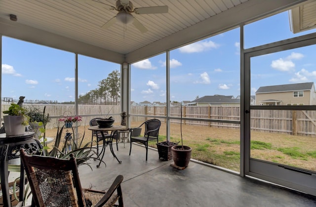 sunroom / solarium featuring ceiling fan