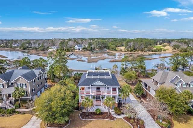 drone / aerial view featuring a water view