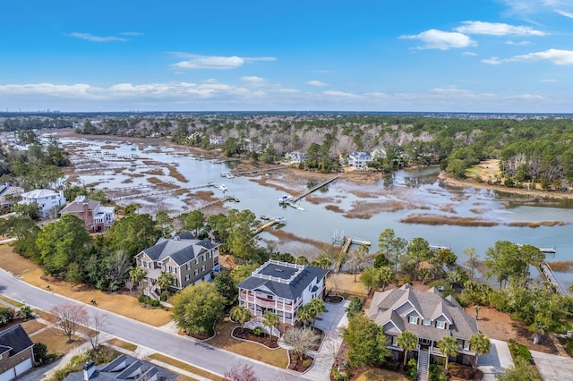 bird's eye view featuring a water view and a residential view