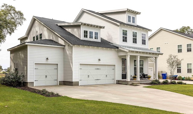 view of front of house featuring roof with shingles, covered porch, concrete driveway, metal roof, and a front lawn