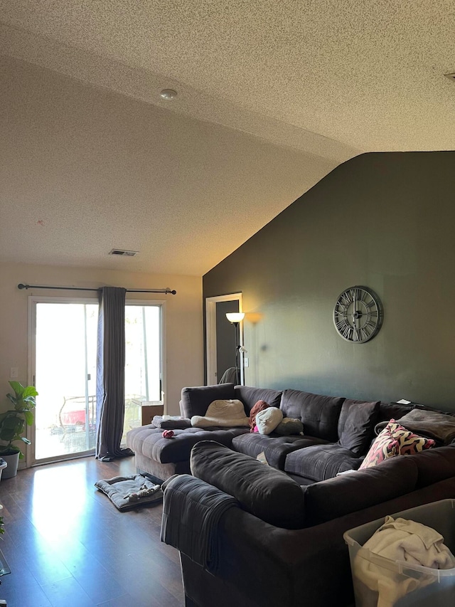 living room with lofted ceiling, a textured ceiling, and hardwood / wood-style flooring