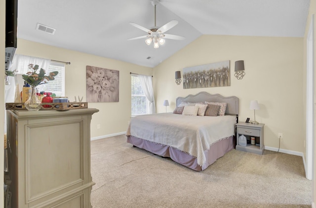 103 Trimley Ct, Goose Creek, SC 29445 - bedroom with light colored carpet, vaulted ceiling, baseboards, and a ceiling fan
