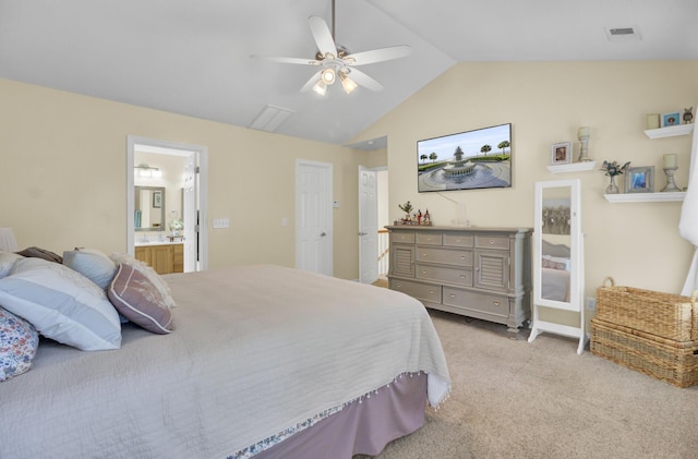 103 Trimley Ct, Goose Creek, SC 29445 - bedroom featuring vaulted ceiling, light colored carpet, ensuite bath, and a ceiling fan