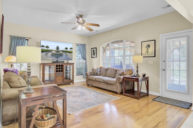 103 Trimley Ct, Goose Creek, SC 29445 - living room featuring a ceiling fan, light wood-style flooring, and baseboards