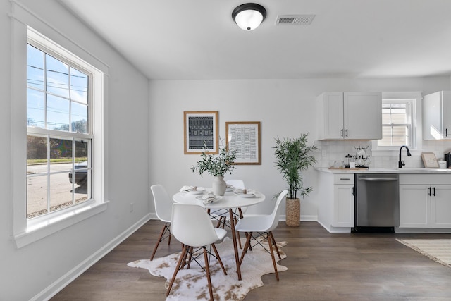 dining space with sink and dark hardwood / wood-style floors